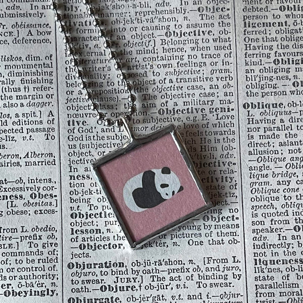 Panda, vintage illustrations up-cycled to hand-soldered glass pendant, with choice of necklace, bookmark or keychain