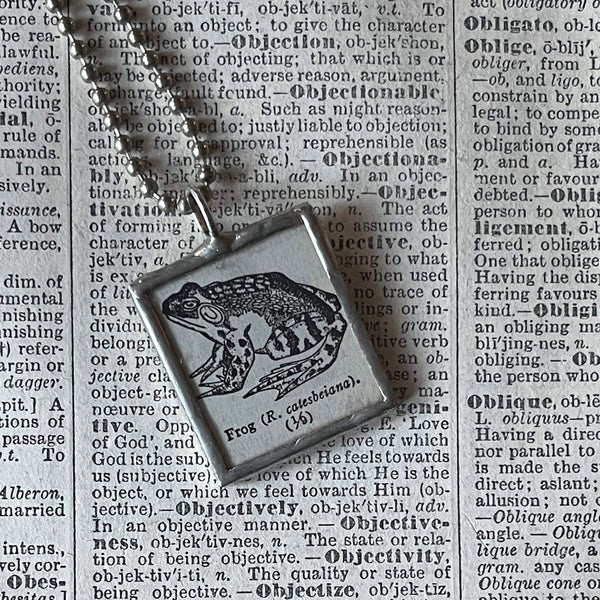 Frog, vintage 1930s dictionary illustration, up-cycled to hand-soldered glass pendant