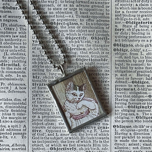 Cat Kitten Kitty illustration from vintage, children's classic book, up-cycled to soldered glass pendant