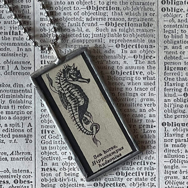 Seahorse, vintage 1930s dictionary illustrations, up-cycled to soldered glass pendant