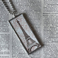 Paris France, Eiffel Tower, hand-soldered glass pendant, vintage illustrations,  upcycled to soldered glass pendant