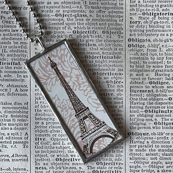 Paris France, Eiffel Tower, hand-soldered glass pendant, vintage illustrations,  upcycled to soldered glass pendant (Copy)