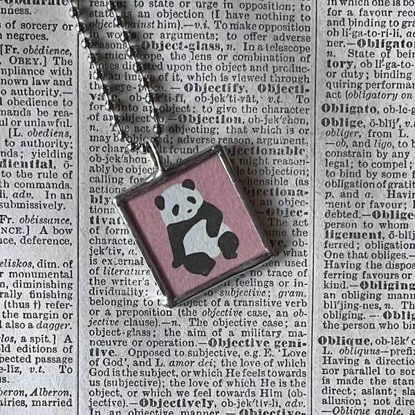 Panda, vintage illustrations up-cycled to hand-soldered glass pendant, with choice of necklace, bookmark or keychain