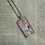 Snoopy, comic strip illustrations from vintage Peanuts book, up-cycled to hand-soldered glass pendant