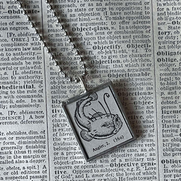 Angler fish, vintage 1930s dictionary illustration, up-cycled to hand soldered glass pendant