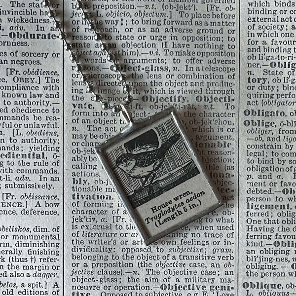 Wren bird, vintage 1930s dictionary illustration, upcycled to soldered glass pendant