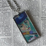 Woman in Blue Hat, Henri Matisse, upcycled to hand soldered glass pendant