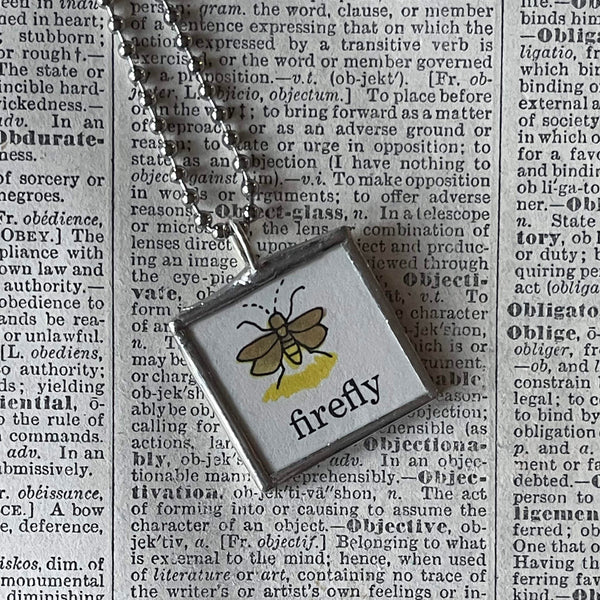 Firefly, cricket, vintage Richard Scarry children's book illustration up-cycled to soldered glass pendant