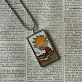 Calvin & Hobbes, original vintage comic book illustrtions, upcycled to soldered glass pendant