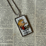 Calvin & Hobbes, original vintage comic book illustrations, upcycled to soldered glass pendant