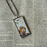 Calvin & Hobbes, original vintage comic book illustrations, upcycled to soldered glass pendant