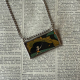 Elf, Bat, mushrooms, vintage children's book illustration, hand-soldered glass pendant
