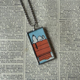 Snoopy, comic strip illustrations from vintage Peanuts book, up-cycled to hand-soldered glass pendant