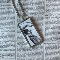 Gorey bird and man, vintage book illustrations, hand-soldered glass pendant