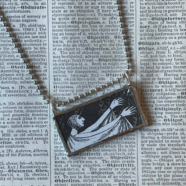 Gorey Dancer, bat, vintage book illustrations, hand-soldered glass pendant