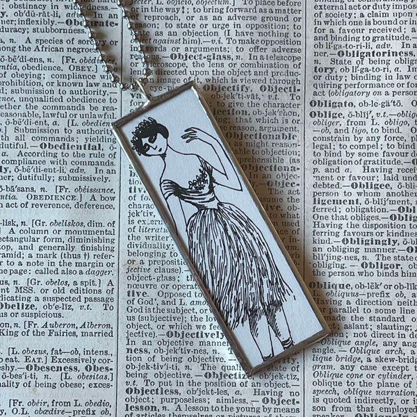 Gorey Dancer illustrations, vintage book illustrations, hand-soldered glass pendant