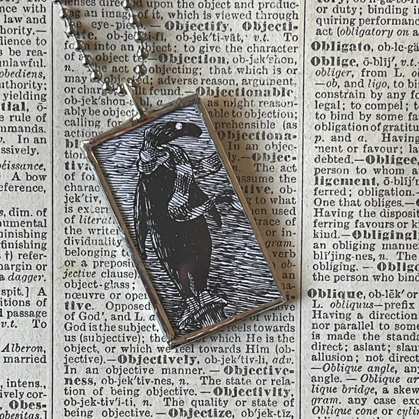 Gorey Doubtful Guest illustrations, vintage book illustrations, hand-soldered glass pendant