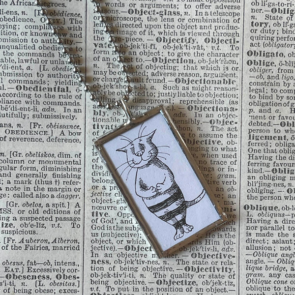 Gorey Cats illustrations, vintage book illustrations, hand-soldered glass pendant