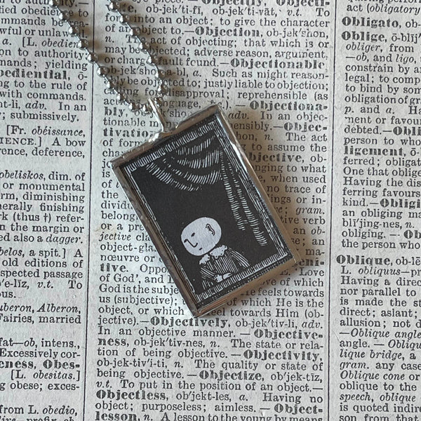 Gorey illustrations, vintage book illustrations, hand-soldered glass pendant