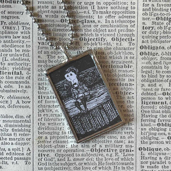 Gorey Gashlycrumb Tinies, vintage book illustrations, hand-soldered glass pendant