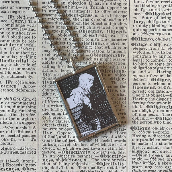 Gorey Gashlycrumb Tinies, vintage book illustrations, hand-soldered glass pendant