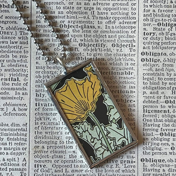 California poppy, lily of the valley, vintage art nouveau botanical illustrations, up-cycled to soldered glass pendant