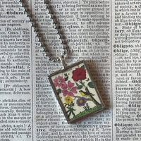 Red roses, flowers, vintage botanical illustrations, upcycled to soldered glass pendant