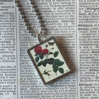 Red roses, flowers, vintage botanical illustrations, upcycled to soldered glass pendant