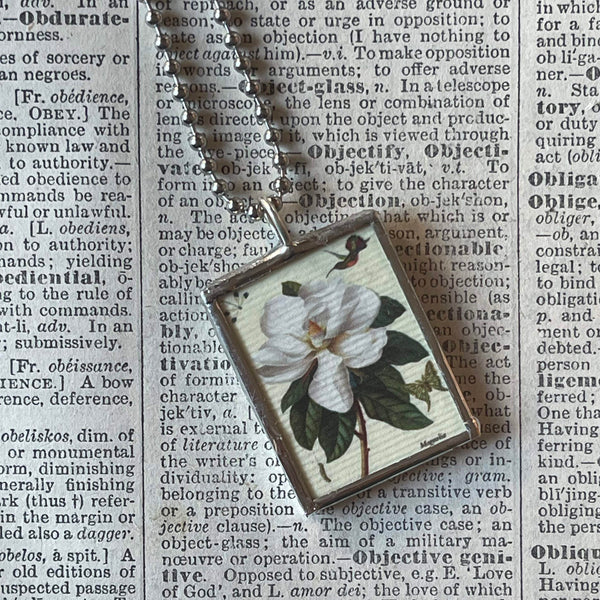 White Magnolia, flowers, vintage botanical illustrations, upcycled to soldered glass pendant