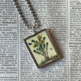 Purple, yellow Iris, flowers, vintage botanical illustrations, upcycled to soldered glass pendant