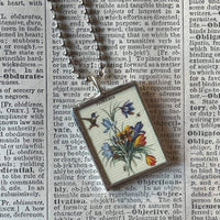 Purple, yellow Iris, flowers, vintage botanical illustrations, upcycled to soldered glass pendant