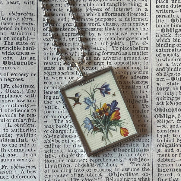 Purple, yellow Iris, flowers, vintage botanical illustrations, upcycled to soldered glass pendant