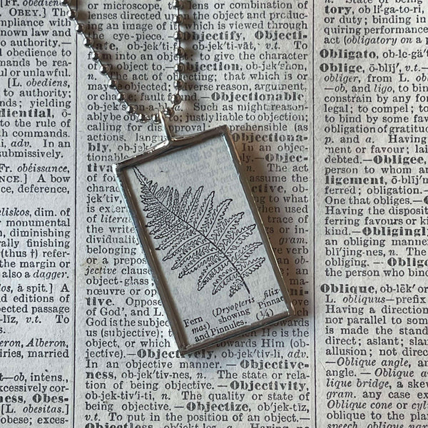 Fern fronds, vintage botanical dictionary illustration, upcycled to soldered glass pendant