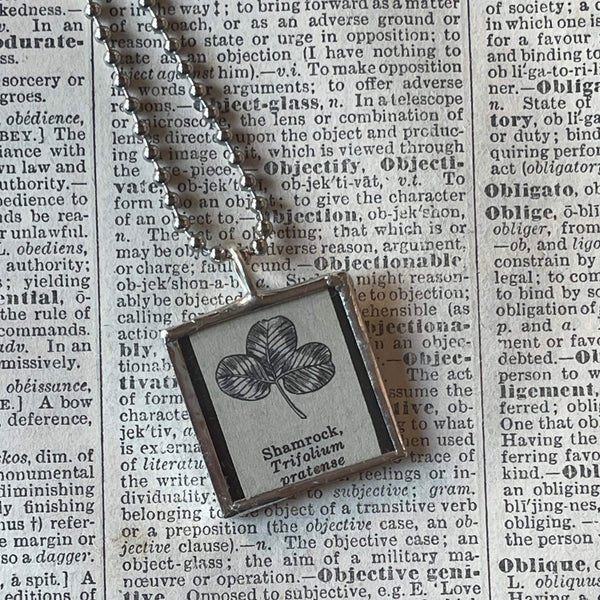 Shamrock, vintage botanical dictionary illustration, upcycled to soldered glass pendant