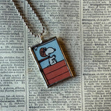 Snoopy, comic strip illustrations from vintage Peanuts book, up-cycled to hand-soldered glass pendant