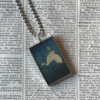 White Cranes, Japanese woodblock prints, up-cycled to hand-soldered glass pendant