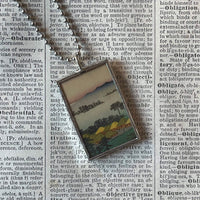 White Crane, Lake Scene, Japanese woodblock prints, up-cycled to hand-soldered glass pendant