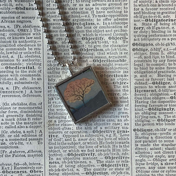 Cherry tree, Mt. Fuji, Japanese woodblock prints, up-cycled to hand-soldered glass pendant