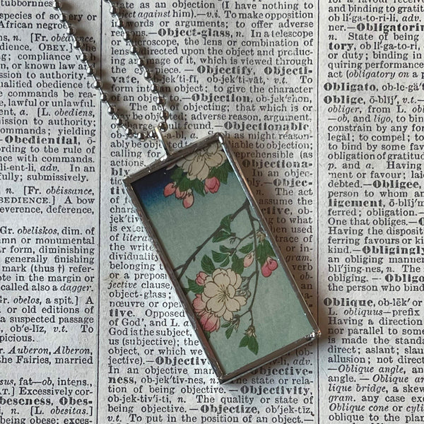 Cherry blossom, lake scene, Japanese woodblock prints, up-cycled to hand-soldered glass pendant