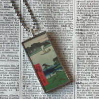 Cherry blossom, lake scene, Japanese woodblock prints, up-cycled to hand-soldered glass pendant