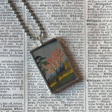 Cherry tree, cypress trees, Japanese woodblock prints, up-cycled to hand-soldered glass pendant