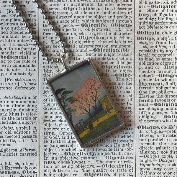 Cherry tree, cypress trees, Japanese woodblock prints, up-cycled to hand-soldered glass pendant