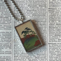 Cherry tree, cypress trees, Japanese woodblock prints, up-cycled to hand-soldered glass pendant