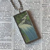 Waterfall, Mt. Fuji, Japanese woodblock prints, up-cycled to hand-soldered glass pendant