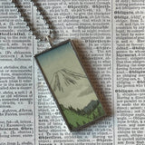 Waterfall, Mt. Fuji, Japanese woodblock prints, up-cycled to hand-soldered glass pendant