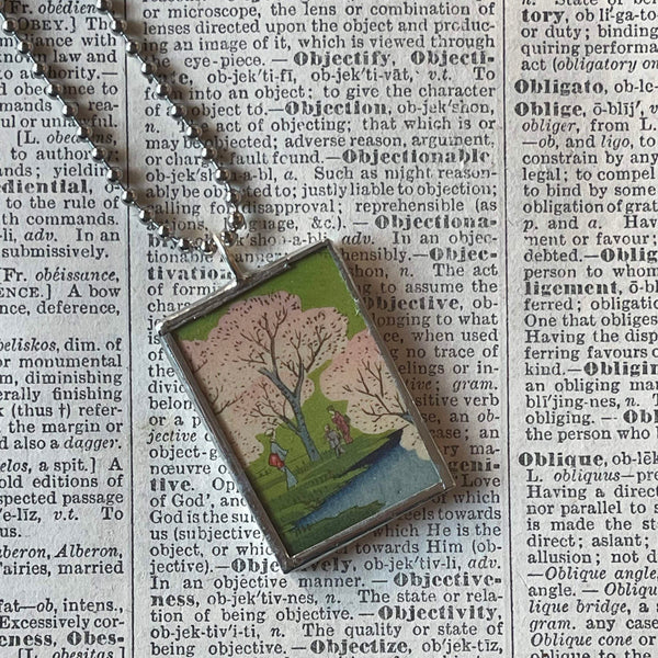 Cherry Tree, Mountain, Japanese woodblock prints, up-cycled to hand-soldered glass pendant