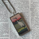 Crane, Heron, Cherry Tree, Japanese woodblock prints, up-cycled to hand-soldered glass pendant