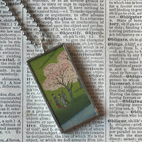 Crane, Heron, Cherry Tree, Japanese woodblock prints, up-cycled to hand-soldered glass pendant