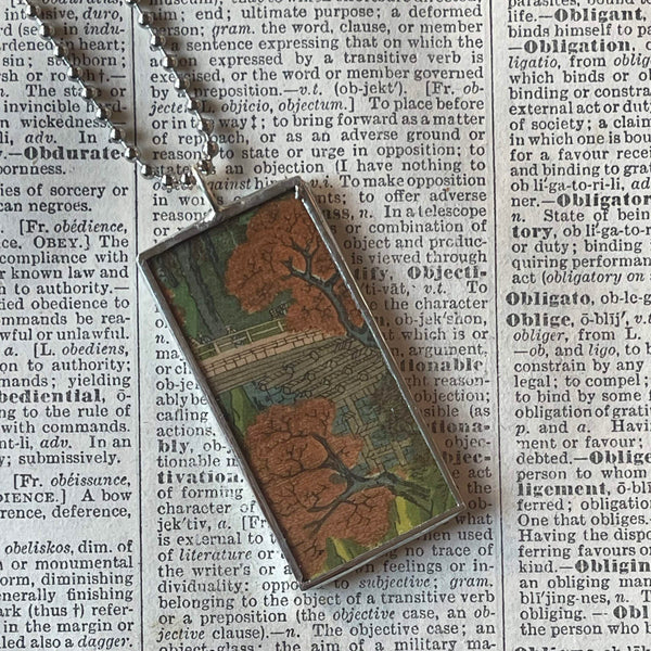 Autumn trees, Mountain, Japanese woodblock prints, up-cycled to hand-soldered glass pendant