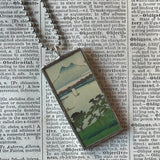 Cherry Blossom, Lake Scene, Japanese woodblock prints, up-cycled to hand-soldered glass pendant